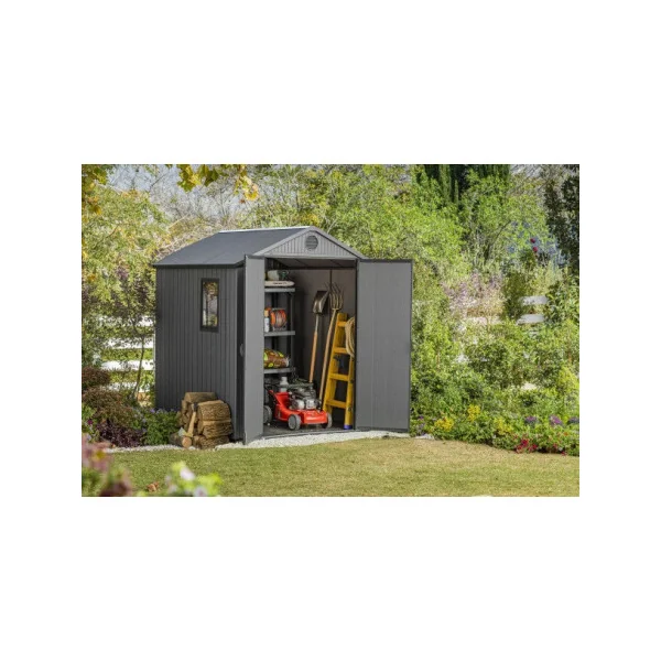 Abri de jardin 3m² en résine gris + plancher Abri jardin résine rangement bois outillage de jardin