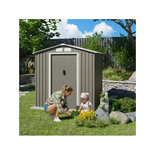 Abri de jardin en métal gris châtaigne 2,43m² + kit ancrage Abri jardin métallique rangement bois outillage de jardin