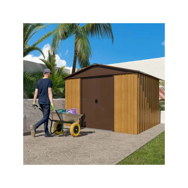 Abri de jardin en métal imitation bois 7,18m² + kit ancrage Abri jardin métallique rangement bois outillage de jardin