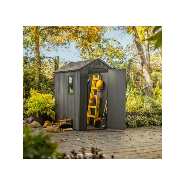 Abri de jardin en résine grisé 2,3 m² + plancher Abri jardin résine rangement bois outillage de jardin chalet en résine