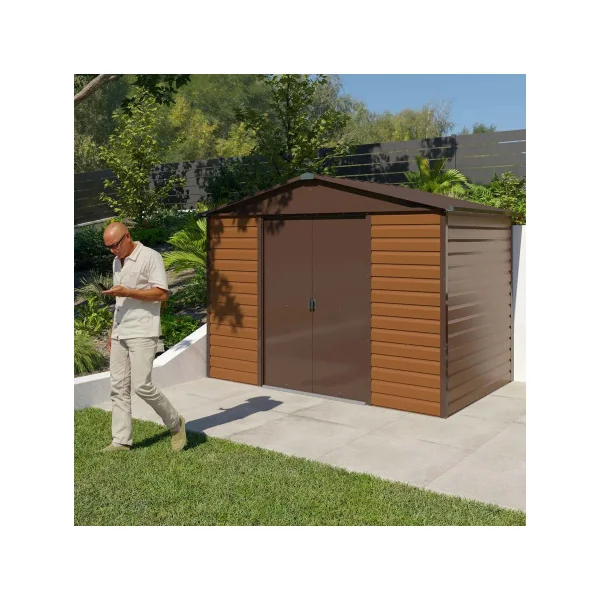 Abri jardin en métal imitation bois 5,96 m² + kit ancrage Abri jardin métallique rangement bois outillage de jardin