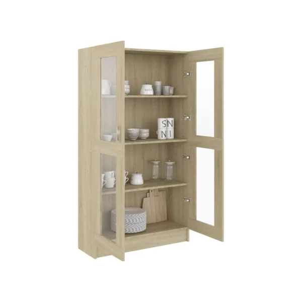 Armoire de salon vitrine avec 3 étagères meuble vitrine 2 portes chêne