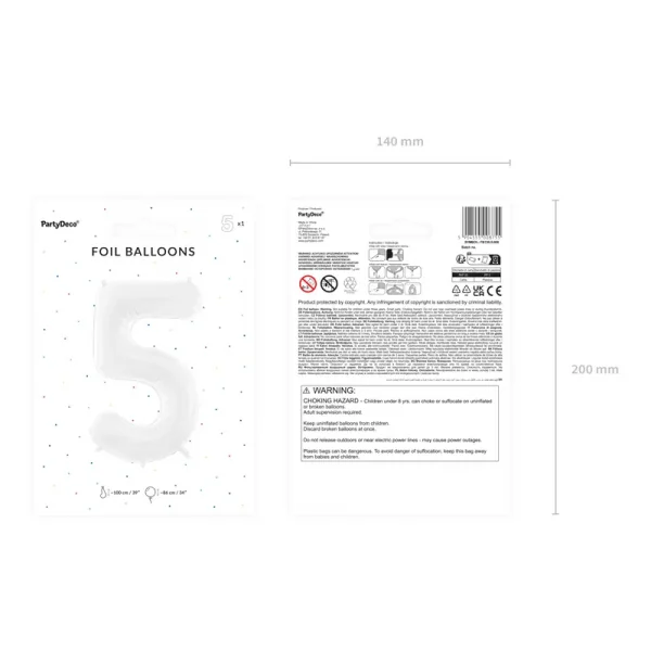 Ballon en aluminium Chiffre ''5'', 86 cm, blanc