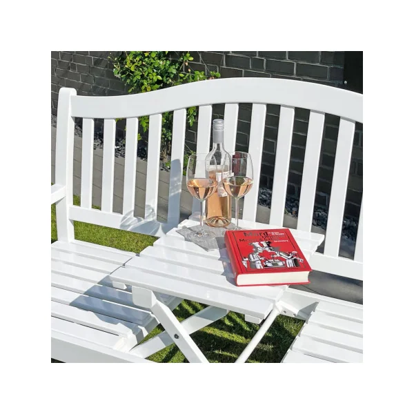 Banc de jardin en acacia massif et PU blanc 3 places avec table repliable Banc jardin banc extérieur banc bois banc terrasse