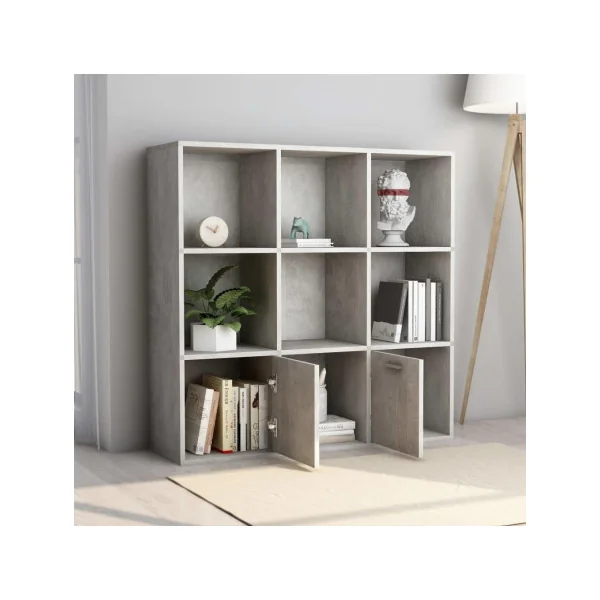 Bibliothèque 9 compartiments gris béton meuble rangement livres étagère rangement avec 2 placards