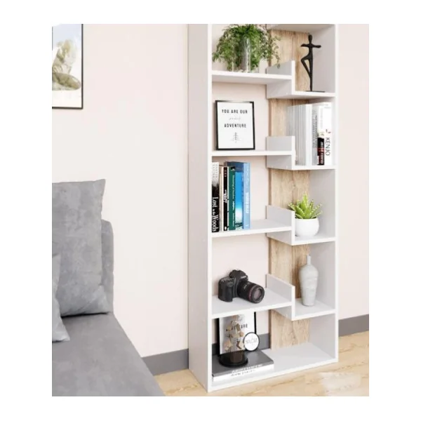Bibliothèque blanc et chêne meuble livres meuble rangement étagère rangement 5 niveaux