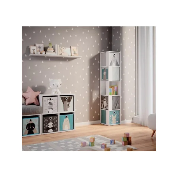 Bibliothèque enfant d'angle blanche avec 4 boites de rangement étagères livres et jouets