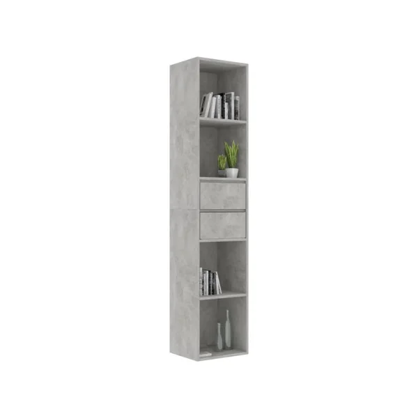 Bibliothèque gris béton avec 2 tiroirs meuble rangement étagère de rangement 171 cm