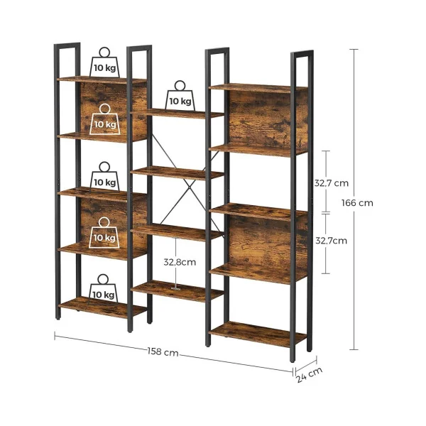 Bibliothèque industrielle avec 14 compartiments étagère industrielle brun rustique et métal