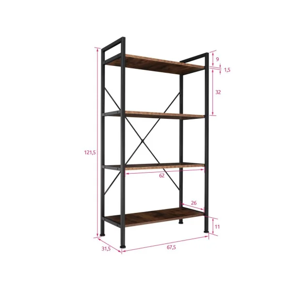 Bibliothèque Loft 122 cm bois foncé étagère industrielle 4 niveaux bibliothèque industrielle