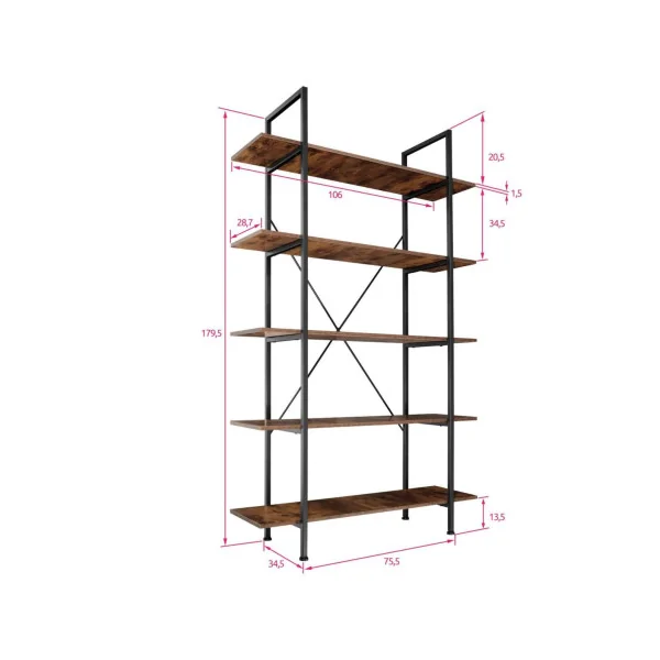 Bibliothèque Loft 179 cm bois foncé étagère industrielle étagère 5 niveaux métal bois