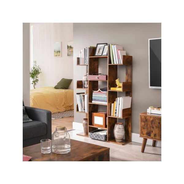 Bibliothèque marron rustique rangement livres étagère de rangement 13 compartiments