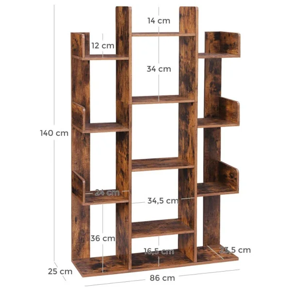 Bibliothèque marron rustique rangement livres étagère de rangement 13 compartiments