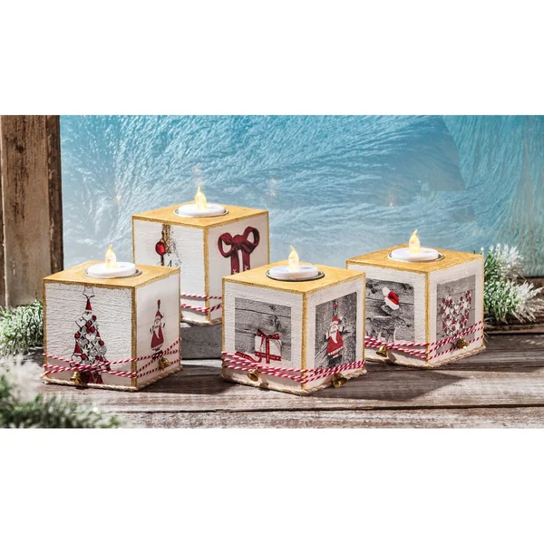Bougeoir cube VBS, bois brut, env. 8 x 8 x 8 cm