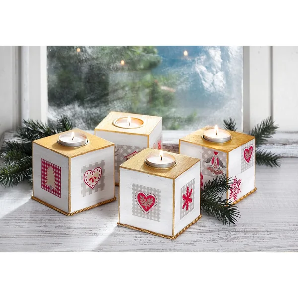 Bougeoir cube VBS, bois brut, env. 8 x 8 x 8 cm