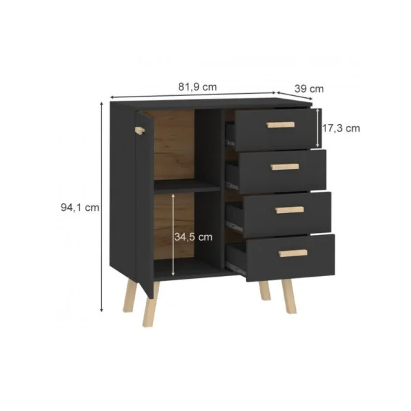 Buffet anthracite scandinave buffet salon buffet salle à manger buffet chambre 4 tiroirs et 1 placard