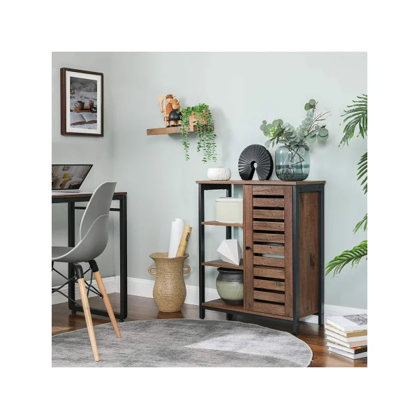 Buffet salon meuble rangement industriel marron rustique meuble cuisine 3 étagères 1 porte