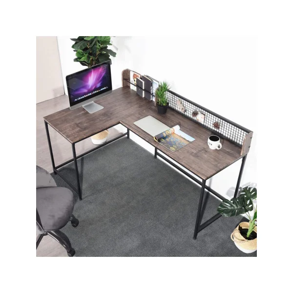 Bureau angle industriel spacieux moderne bureau en L bureau brun rustique et métal