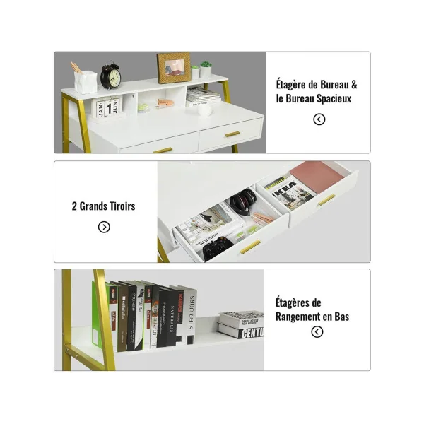 Bureau blanc et dorée pied métal bureau 2 tiroirs bureau avec rangement