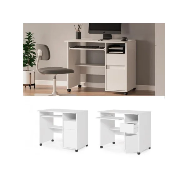 Bureau blanc pratique bureau mobile 1 tiroir 1 placard bureau avec rangement