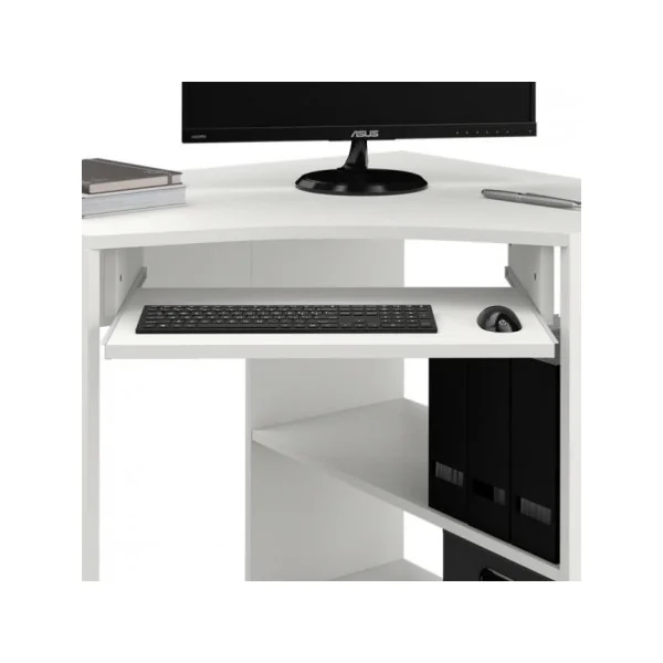 Bureau d'angle blanc plateau coulissant pour clavier bureau avec étagères