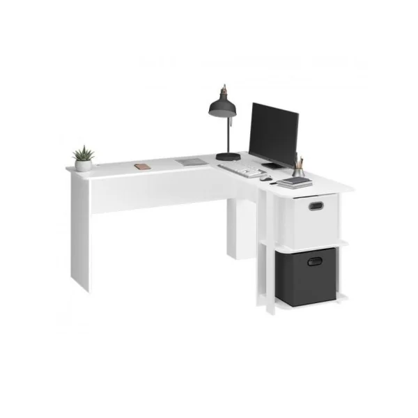 Bureau d'angle blanc spacieux bureau informatique avec deux étagères