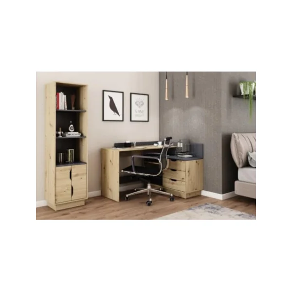 Bureau d'angle chêne et anthracite 3 tiroirs bureau avec rangement moderne