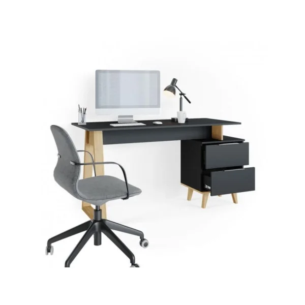 Bureau design anthracite Scandi avec caisson bureau informatique 2 tiroirs bureau avec rangement