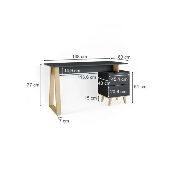 Bureau design anthracite Scandi avec caisson bureau informatique 2 tiroirs bureau avec rangement