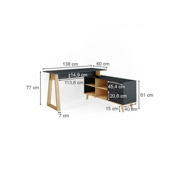 Bureau design anthracite Scandi avec caisson XXL bureau d'angle bureau avec rangement