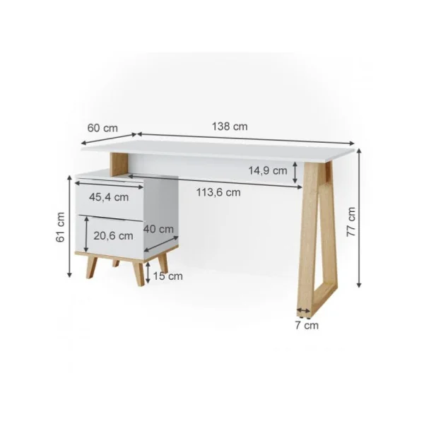 Bureau design Scandi avec caisson bureau avec rangement 2 tiroirs