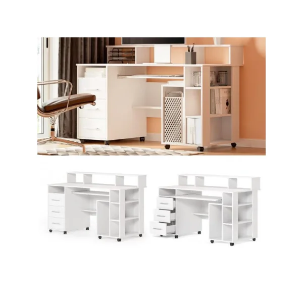 Bureau d'ordinateur blanc avec roues bureau mobile bureau avec rangement