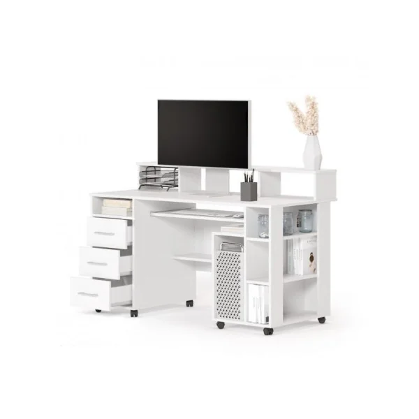 Bureau d'ordinateur blanc avec roues bureau mobile bureau avec rangement