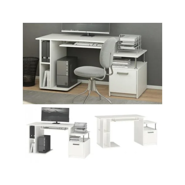 Bureau d'ordinateur blanc spacieux avec placard étagère coulissante pour clavier