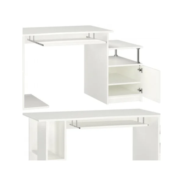 Bureau d'ordinateur blanc spacieux avec placard étagère coulissante pour clavier