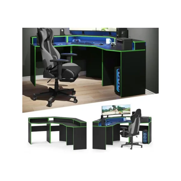 Bureau gaming noir et vert spacieux bureau de jeu bureau gamer bureau informatique