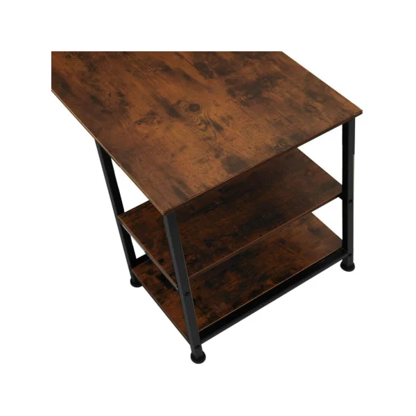 Bureau industriel foncé en angle avec étagères bureau en L brun foncé