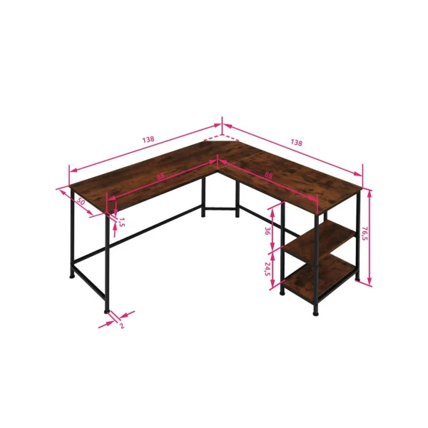 Bureau industriel foncé en angle avec étagères bureau en L brun foncé
