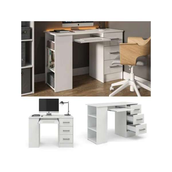 Bureau ordinateur blanc spacieux bureau 3 tiroirs avec rangement