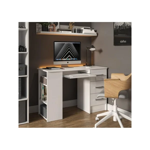 Bureau ordinateur blanc spacieux bureau 3 tiroirs avec rangement