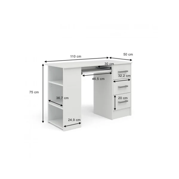 Bureau ordinateur blanc spacieux bureau 3 tiroirs avec rangement