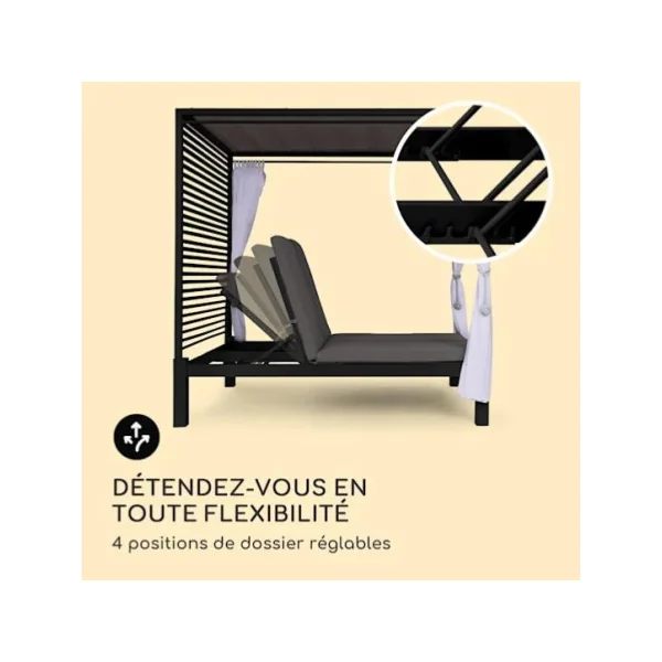 Chaise longue lit de jardin double lounge gris foncé Bain de soleil transat jardin transat extérieur chaise longue jardin