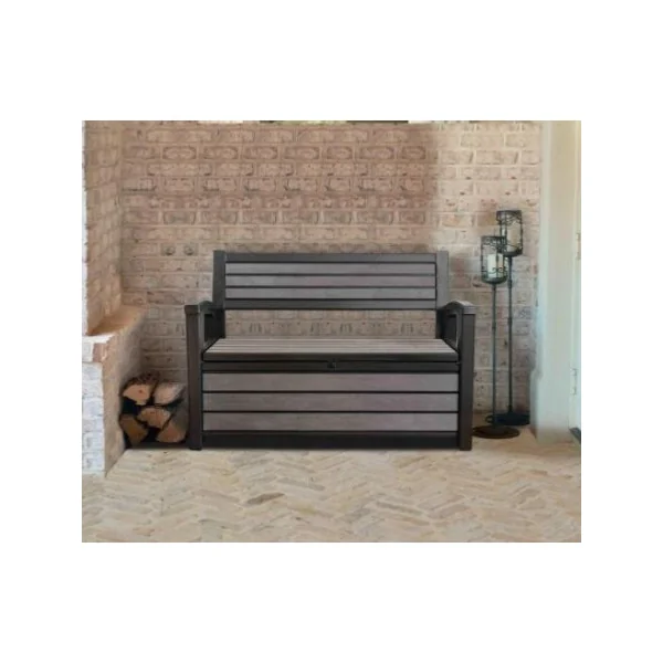 Coffre de jardin gris brossé en résine avec banc 227L Coffre de rangement coffre de stockage résine coffre extérieur en résine c