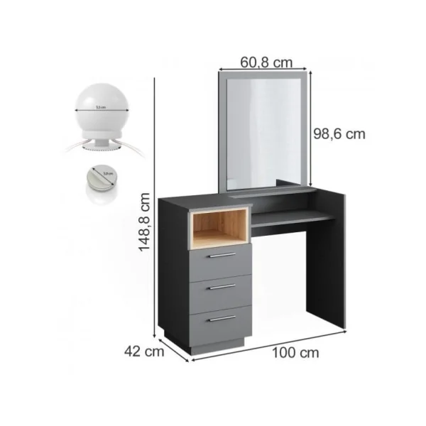 Coiffeuse anthracite et chêne avec miroir + LED Coiffeuse anthracite Coiffeuse femme Coiffeuse moderne