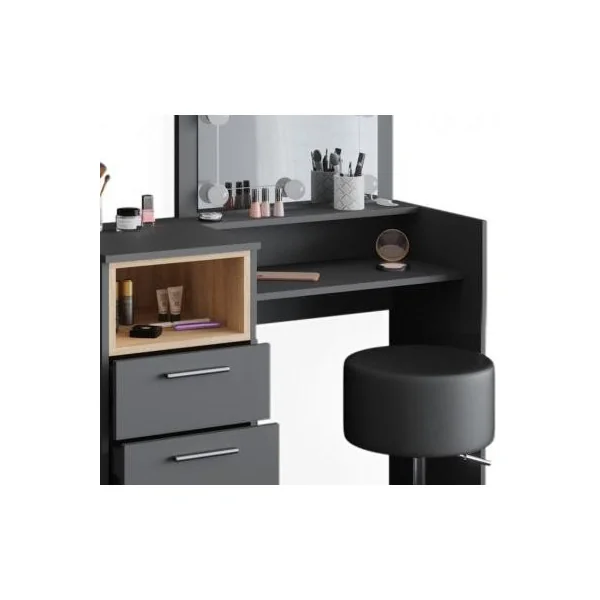 Coiffeuse anthracite et chêne avec miroir + LED + Tabouret Coiffeuse anthracite Coiffeuse femme Coiffeuse moderne