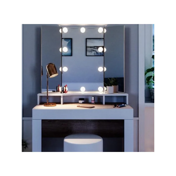 Coiffeuse avec miroir Elina + LED + tabouret chêne et blanc Coiffeuse moderne Coiffeuse maquillage