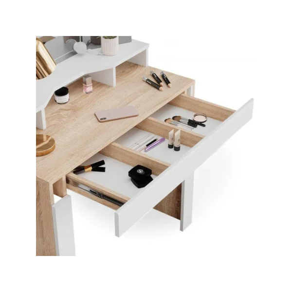Coiffeuse avec miroir Elina + LED + tabouret chêne et blanc Coiffeuse moderne Coiffeuse maquillage