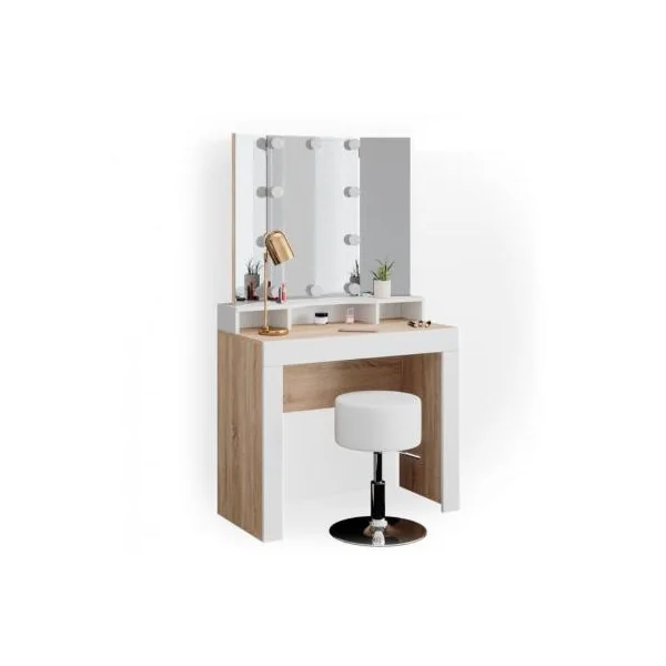 Coiffeuse avec miroir Elina + LED + tabouret chêne et blanc Coiffeuse moderne Coiffeuse maquillage