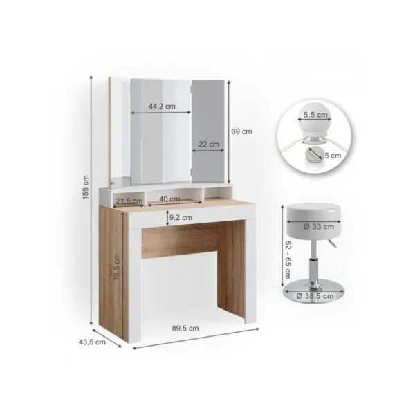 Coiffeuse avec miroir Elina + LED + tabouret chêne et blanc Coiffeuse moderne Coiffeuse maquillage