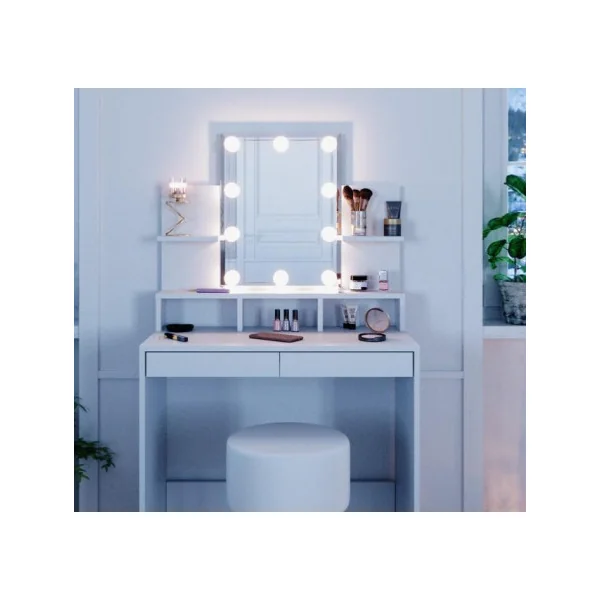 Coiffeuse avec miroir Tiana + LED + tabouret Coiffeuse blanche Coiffeuse moderne Coiffeuse maquillage Coiffeuse femme